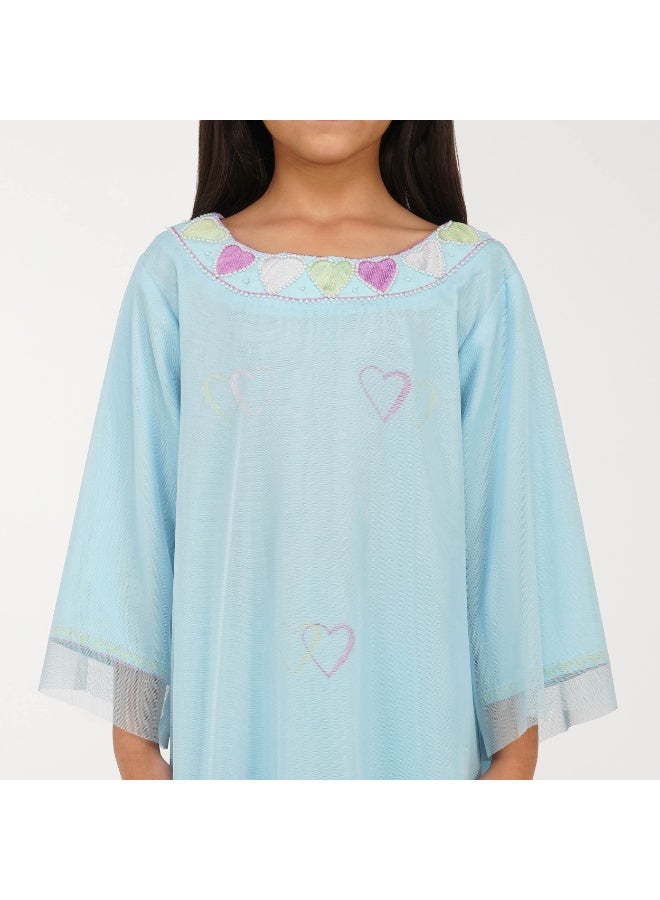 Linelle Soft Blue with Heart Motifs, Round Neck in Rayon-Tulle Blend kids jalabiya - Image 5